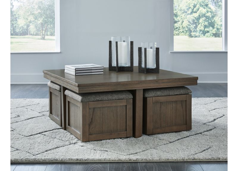 Set of Square Wooden Coffee Table with 4 Stools - Benolong